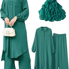 Abayas Dress for Women Islamic Kaftan 3 PCS Set Long Sleeve Button Shirts Pants Hijab