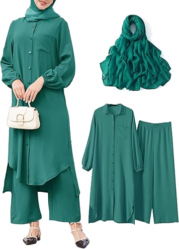 Abayas Dress for Women Islamic Kaftan 3 PCS Set Long Sleeve Button Shirts Pants Hijab