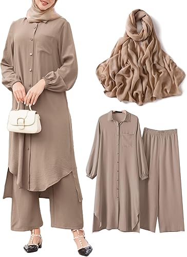 Abayas Dress for Women Islamic Kaftan 3 PCS Set Long Sleeve Button Shirts Pants Hijab