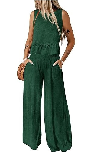 2 Piece Outfits Sleeveless Round Neck Tank Tops